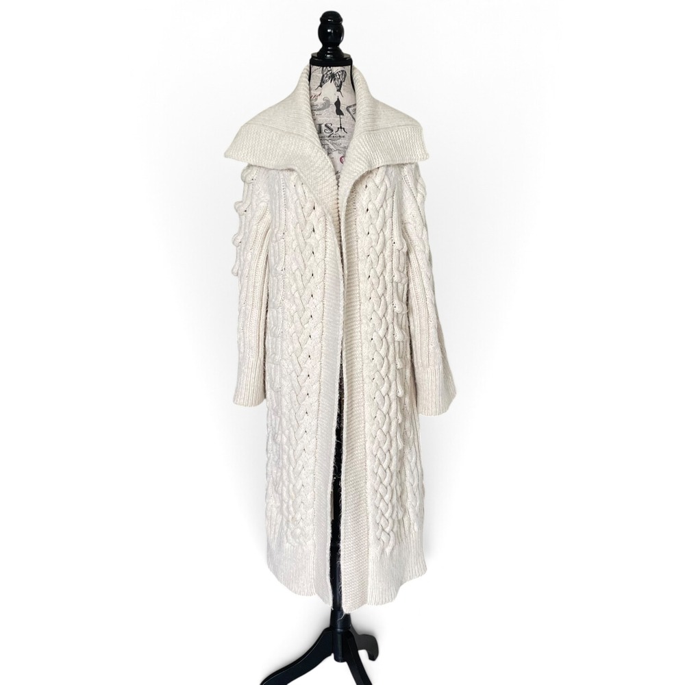 Zara Cardigan Women Medium White Cable Knit Longline Bobble Sweater Grandmacore